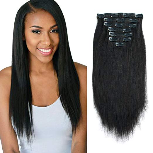 Lovrio Real Remy Thick Double Weft Clip in Human Extensions Yaki Straight Natural Black Color for African American Full Head Soft Virgin Hair 7 Pieces 120g with 17 Clips YK 12