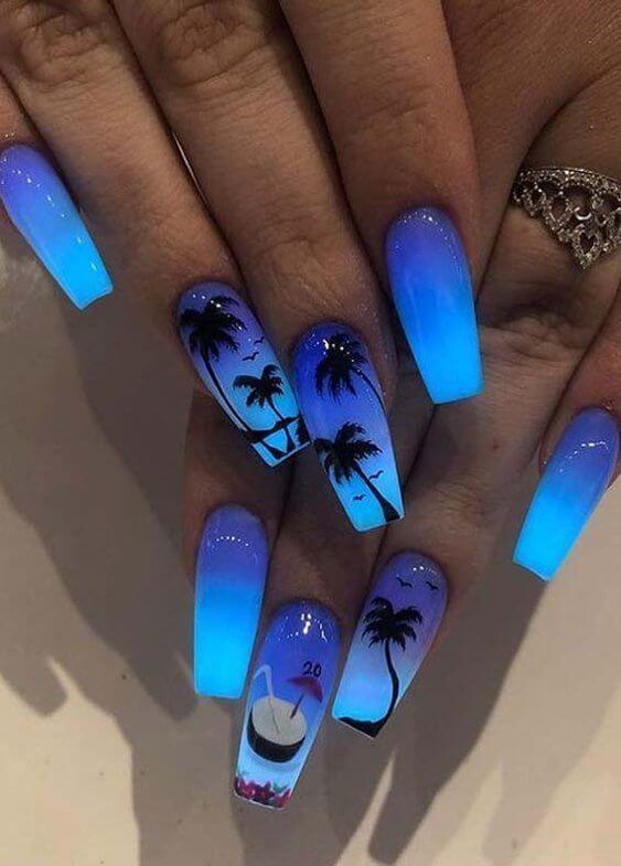 blue nails with palm trees