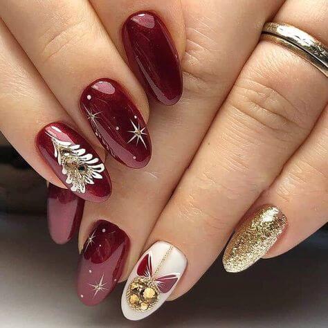 gold and burgandy nails
