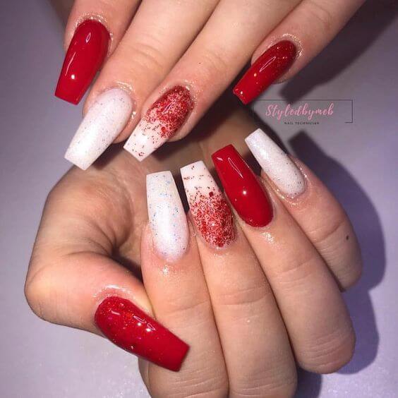 white and red acrilic nails
